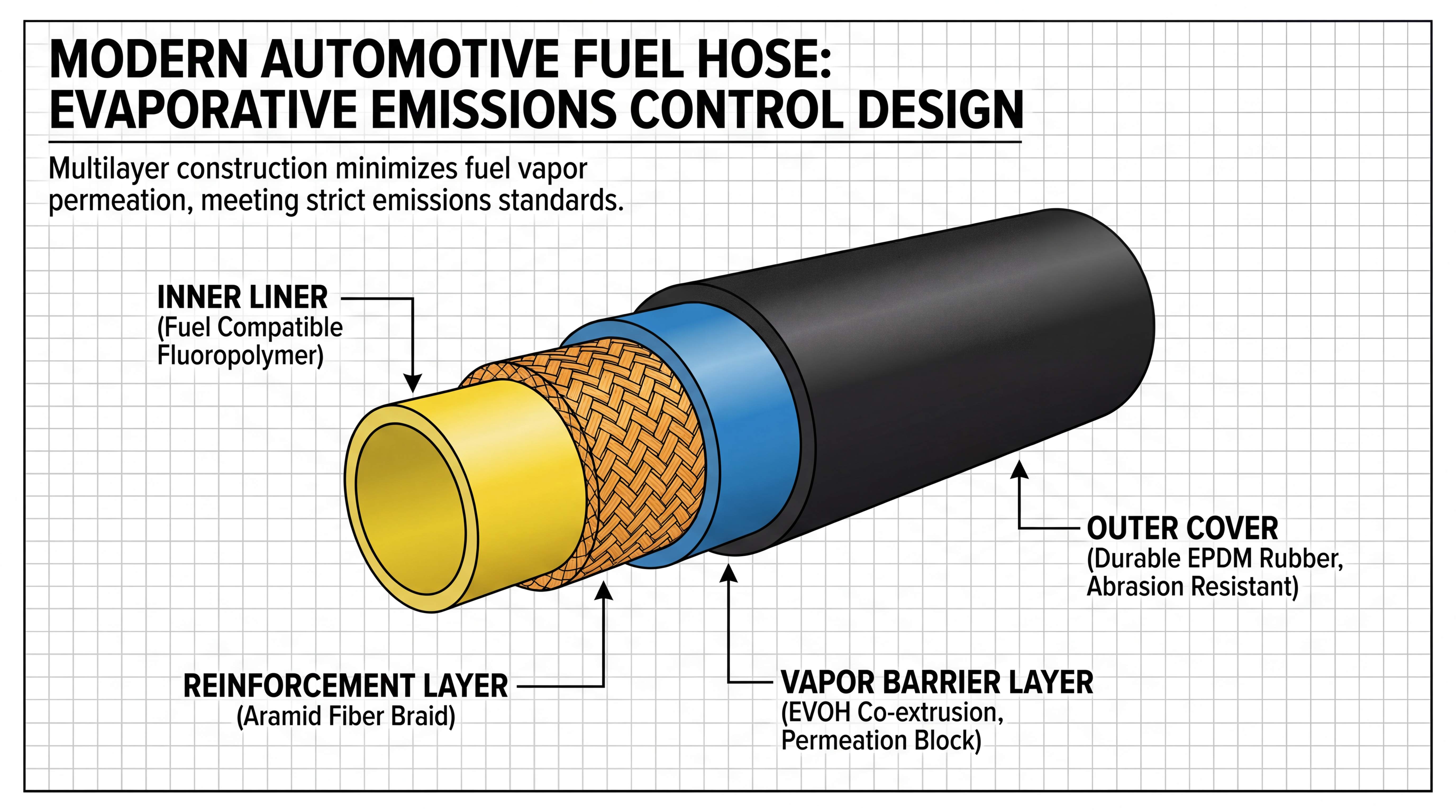 Modern automotive fuel hose design for evaporative emissions control with inner liner, reinforcement layer, vapor barrier and outer cover